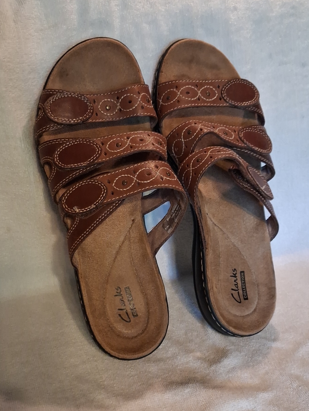 Clarks Brown Triple-Strap Leather Slide Sandals Size 10